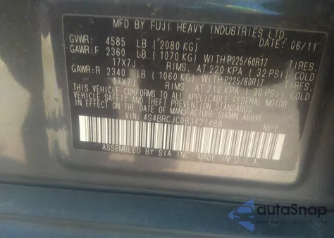 2011 Subaru Outback 2.5I Limited from USA, damaged, VIN 4S4BRCJC0B3427488